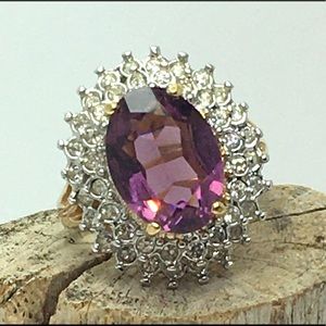 Chunky oval amethyst glass stone statement ring size 7.5. Vintage signed ring